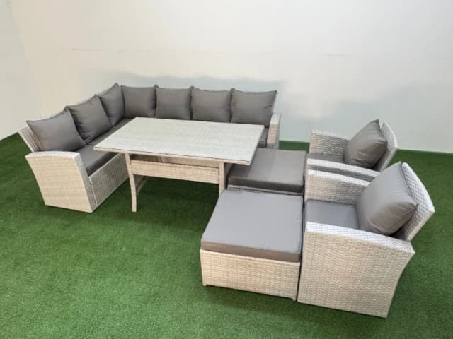 Fimous 10 Seater Rattan Garden Furniture Set Table 2 Chairs Big Footstools in Light Grey Light Grey Unisex