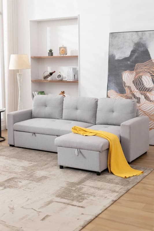 More4Homes Newport Fabric Corner 3 Seater Sofa Bed w Storage Left or Right Side Light Grey