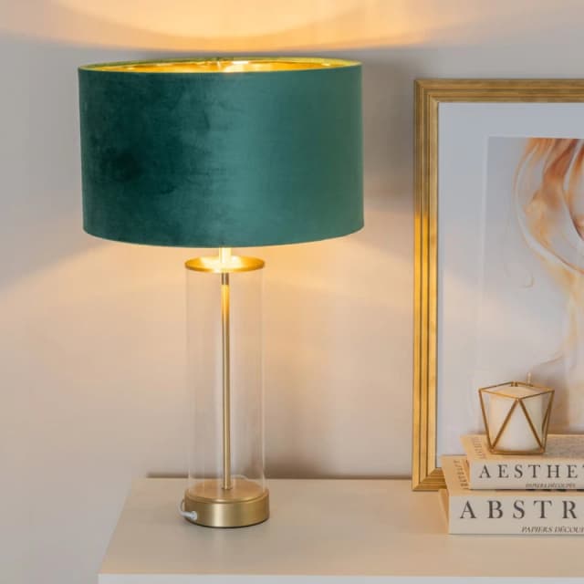 ValueLights ValueLights Balan Glass with Gold Table Lamp and Velvet with Gold Inner Shade and LED Bulb in Bottle Green Bottle Green One Size Unisex 50