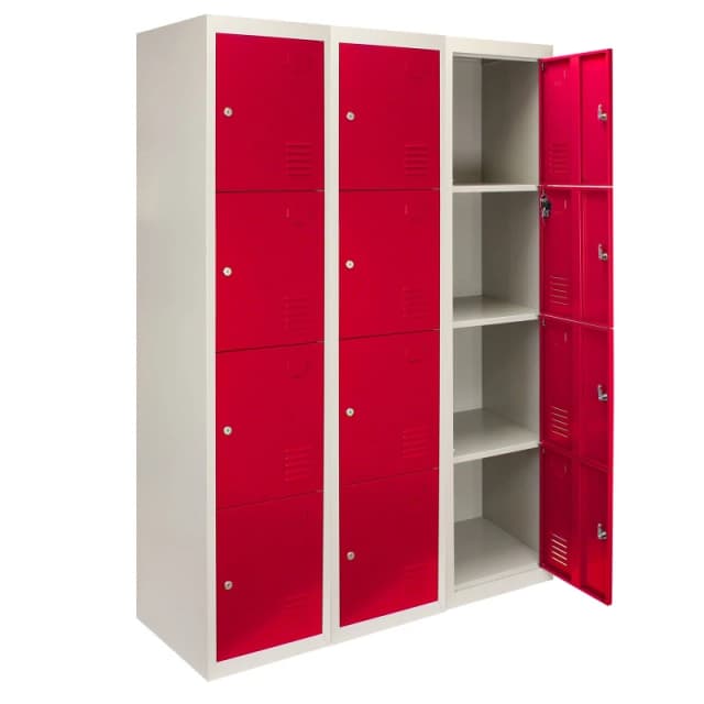 MonsterShop 3 X Metal Storage Lockers - Four Doors, Red