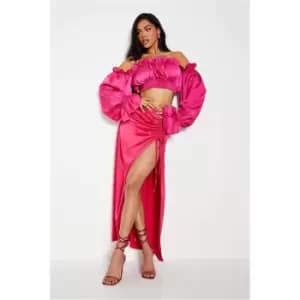 I Saw It First Hot Pink Ruched Side Split Maxi Skirt - Pink