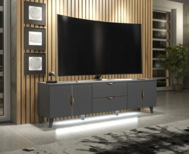Furneo Grey TV Stand 180Cm Unit Cabinet Azzurro 10G Brushed Gold Handles White LED Lights