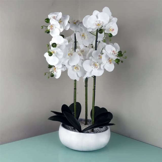 Leaf Orchid Artificial White Marble Effect Ceramic Planter Botanik Green