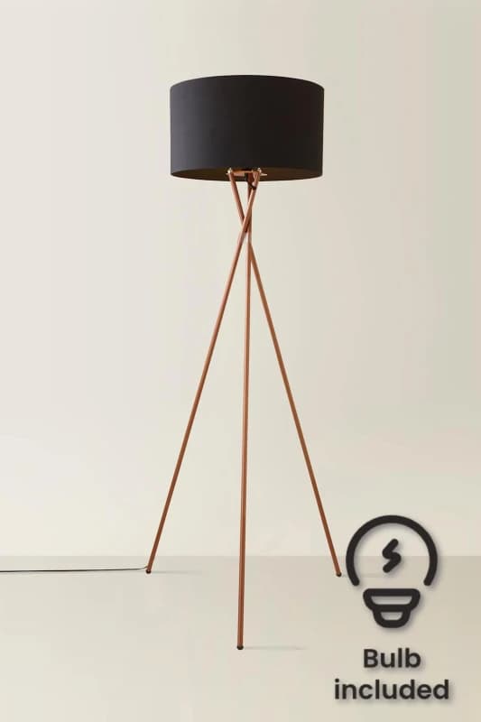 ValueLights ValueLights Camden Copper Metal Tripod Floor Lamp with Drum Lamp Shade and Bulb in Black One Size Unisex 5055759993184