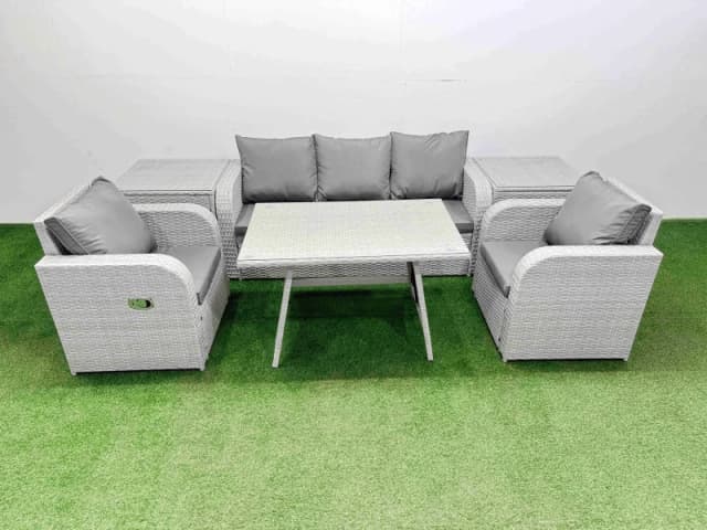 Fimous Reclining Chair 3 Seat Sofa Set Garden Furniture Set 2 Side Tables in Light Grey Light Grey Unisex