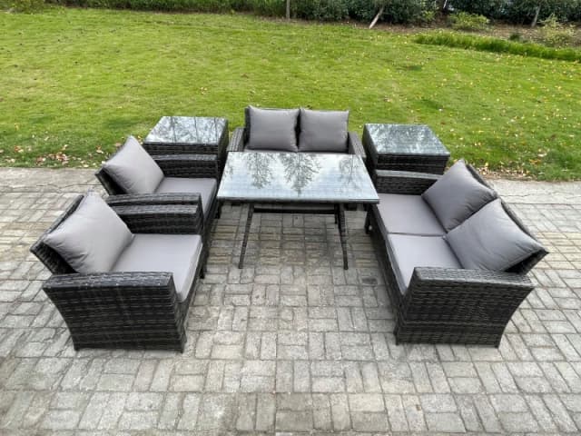 Fimous Rattan Garden Furniture Set Patio Outdoor Lounge Sofa Set with Rectangular Dining Table Love Seat Sofa 2 Side Tables in Dark Grey Dark Grey Uni