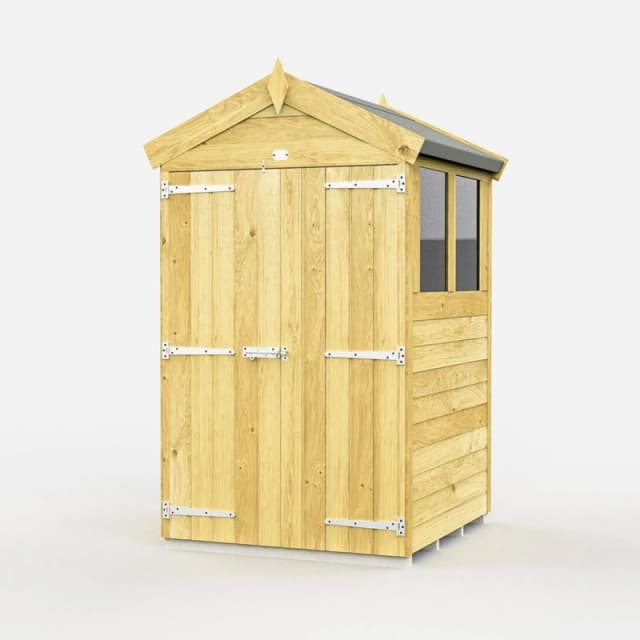 Buttercup Farm 4 x 4 Feet Apex Shed - Double Door With Window - L127 x W118 x H217cm in Brown Brown Unisex