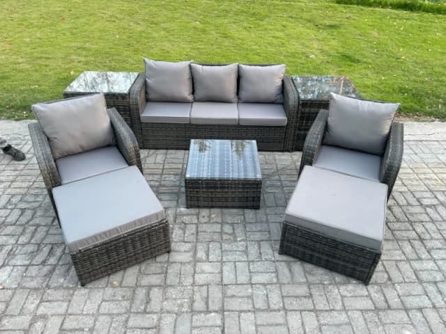 Fimous Patio Garden Furniture Sets Wicker 7 Seater Outdoor Rattan Furniture Sofa Sets with Square Coffee Table 2 Side Tables Dark Grey unisex