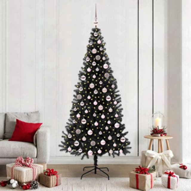 vidaXL Christmas Tree with 300 LEDs, Pink Balls with Stand Black 210cm PVC, Black 3396489