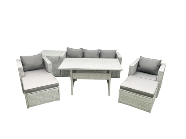 Fimous Garden Dining Set Outdoor Rattan Furniture Set with Sofa Dining Table 2 Chairs 2 Big Footstools Side Table Light Grey Mixed Light Grey