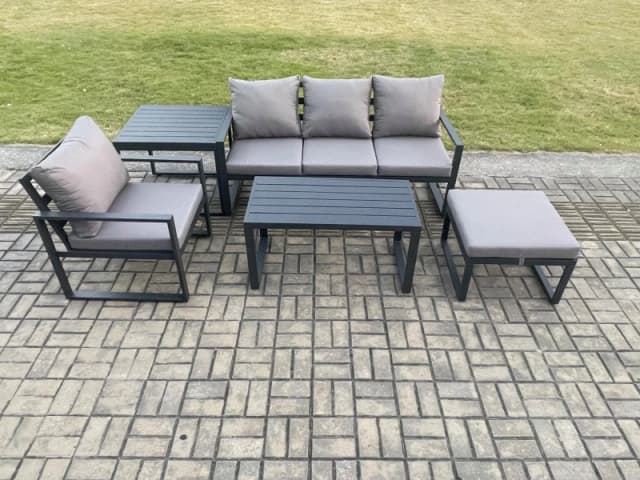 Fimous Aluminium 5 Pieces Garden Furniture Sofa Set with Cushions 5 Seater Outdoor Patio Set with Armchair Big Footstool Side Table Dark Grey Dark Gre