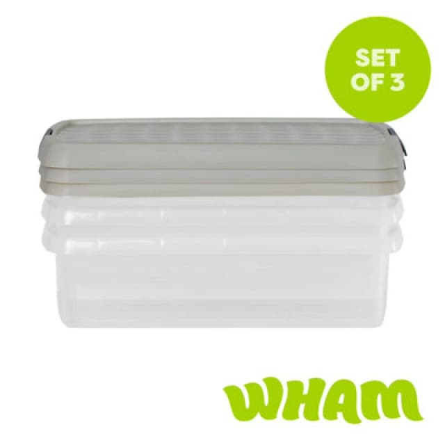Wham Clip 3 X 7L Rectangular Plastic Storage Boxes With Clip Lock Lids. Ideal For Home, Office, Toys & More - Clear/stone