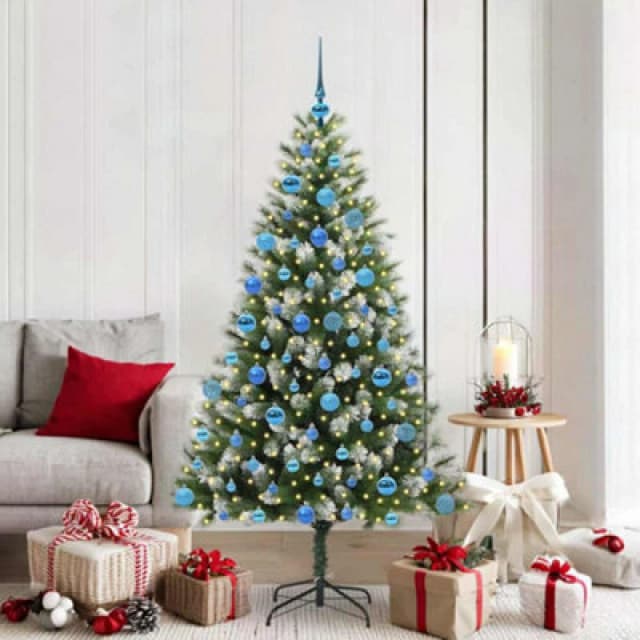 vidaXL Artificial Hinged Christmas Tree with Blue Balls Flocked Snow 180 cm, Green 3395449