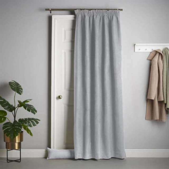 Luxury Living Velvet Chenille Thermal Fleece Lined Pencil Pleat Top Door Curtain 137Cm X 213Cm Silver