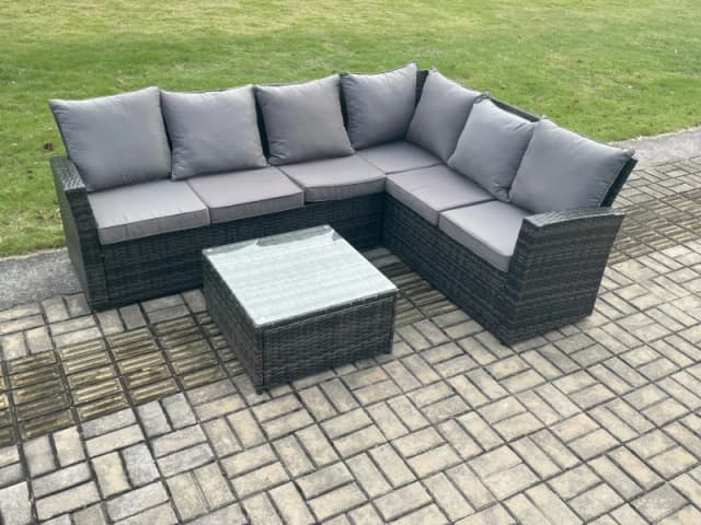 Fimous 6 Seater Wicker PE Outdoor Garden Furniture Set High Back Rattan Corner Sofa Set with Armchair Square Coffee Table in Dark Grey Dark Grey Unise