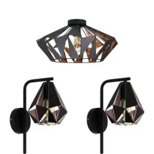 Low Ceiling Light & 2x Matching Wall Lights Black & Copper Geometric Shade
