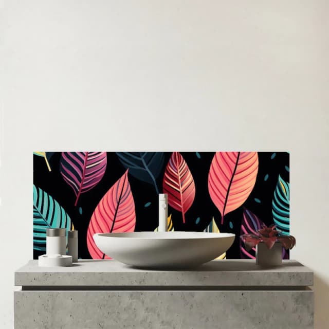 Warren Reed - Designer Colourful Leaves Pattern Glass Bathroom Splashback in Pink Pink Unisex