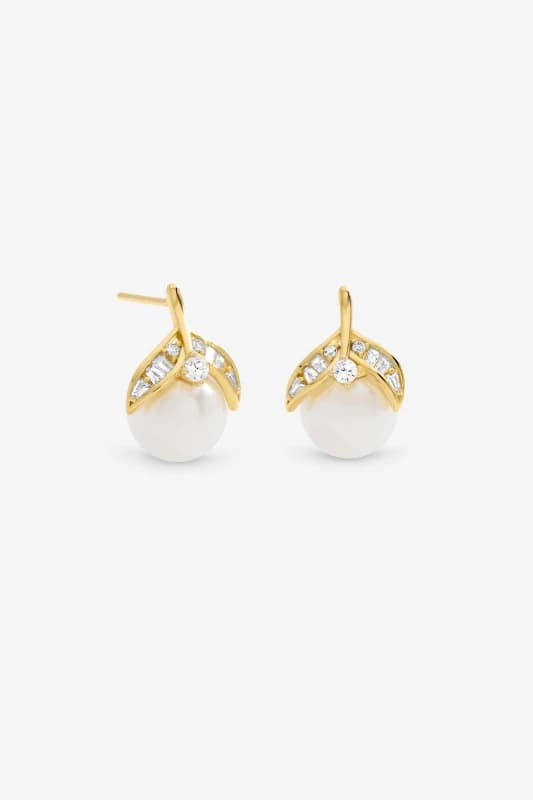 Jon Richard Womens Gold Plated Crystal & Pearl Leaf Stud Earrings Gold Female One Size
