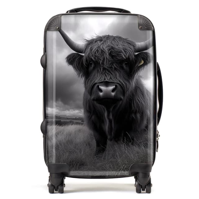 Warren Reed - Designer Black & White Highland Cow Suitcase in Grey Size: Cabin Grey Unisex Cabin