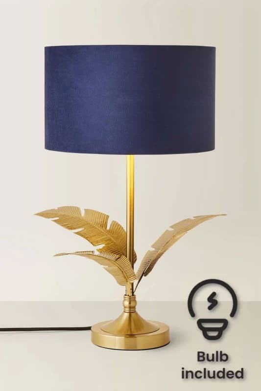 ValueLights ValueLights Christina Velvet with Gold Inner Drum Shade Gold Palm Leaf Table Lamp with Bulb in Navy Navy One Size Unisex 5059406067303