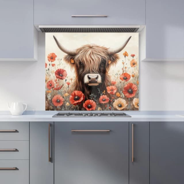 Warren Reed - Designer Highland Cow & Summer Flowers Kitchen Splashback Size: 900mm x 750mm Multicolor Unisex 900mm x 750mm