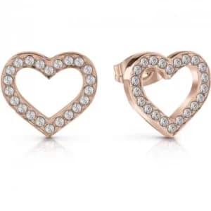 GUESS rose gold plated heart frame stud earrings with Swarovski crystals.