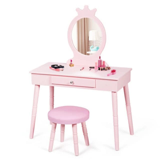 Costway Kids Vanity Table Set Makeup Dressing Table With Cushioned Stool-Pink