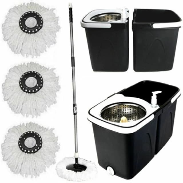 Gr8 Home Black Space Saving 360 Degree Rotating Dual Spin Dry Mop & Bucket 3 Microfibre Heads