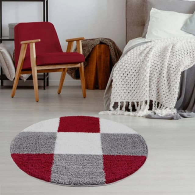 THE RUGS Fluffy & Soft Shaggy Rugs Living Room Rug in Red - Elegant Geometric Design Carpets For Bedrooms & Kitchen 381 Size: 120cm diameter Red