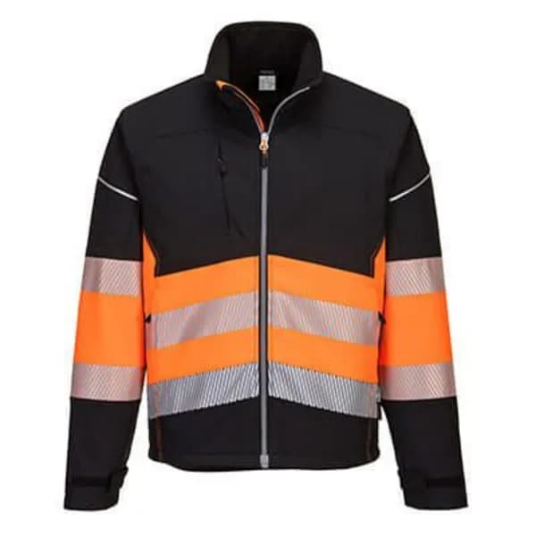 Portwest PW3 Mens Hi Vis Class 1 Softshell Jacket PW375BKOM Colour: Black / Orange