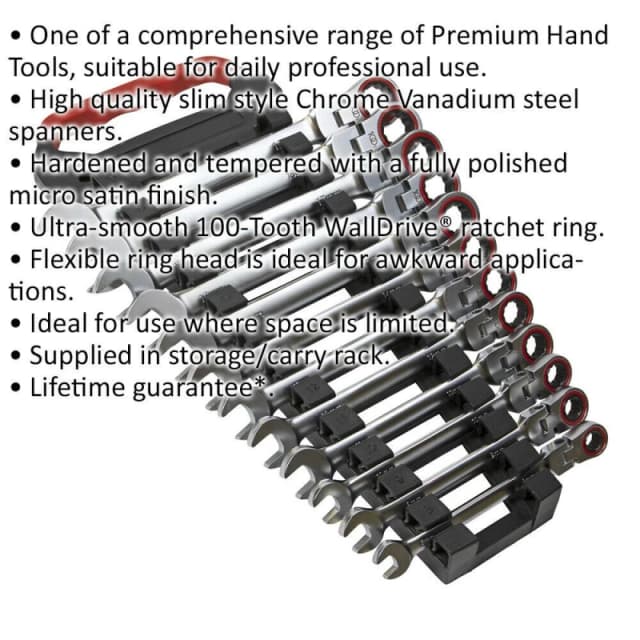 Loops 12pc FLEXIBLE Head Combination Ratchet Spanner Set 12 Point Metric Moving Socket Multi