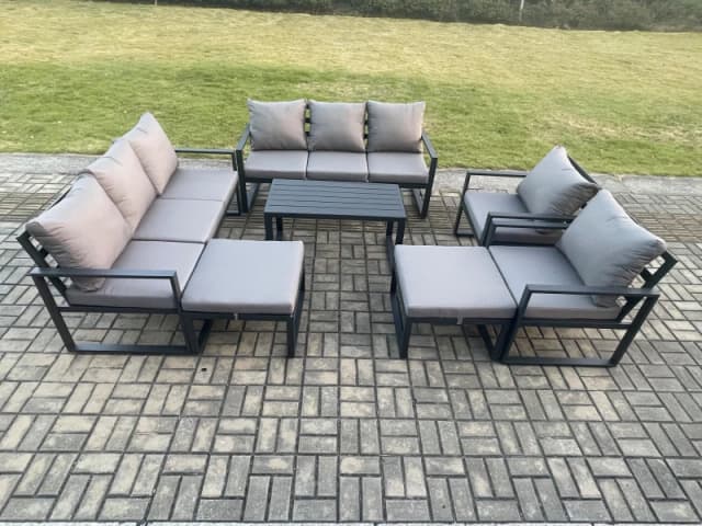 Fimous Aluminium Outdoor Garden Furniture Lounge Sofa 2 PC Chairs Oblong Coffee Table Sets with 2 Big Footstools Dark Grey Dark Grey Unisex