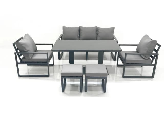 Fimous Outdoor Aluminium Garden Furniture Set with Adjustable Rising Lifting Dining Table 3 Seater Sofa 2 Chair 2 Small Footstools Dark Grey Dark Grey