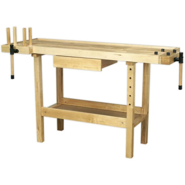 Loops 1.52m Woodworking Varnished Bench - Tool Well & Draw with 2 Built In Vices Multi
