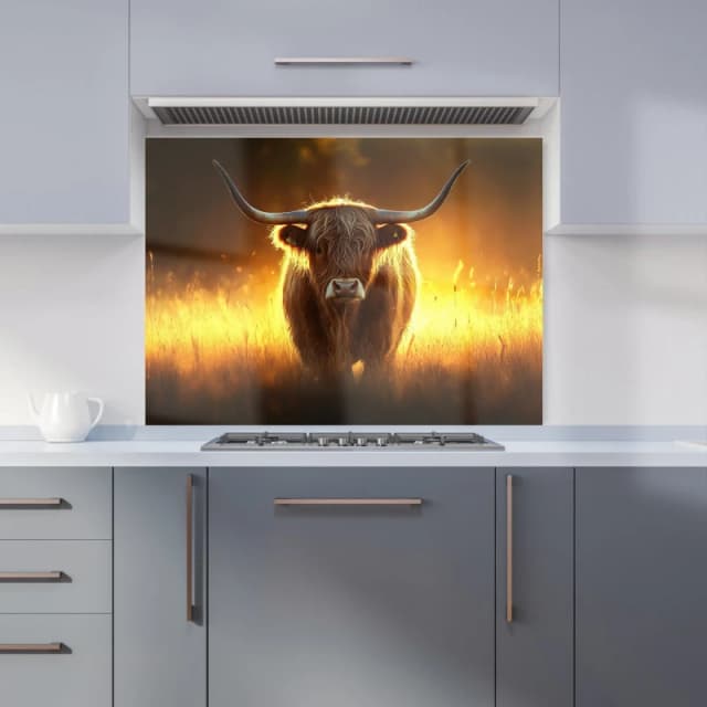 Warren Reed - Designer Highland Cow Sunset Kitchen Splashback in Orange Size: 900mm x 650mm Orange Unisex 900mm x 650mm