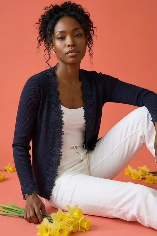 Roman Lace Trim Knit Cardigan Navy