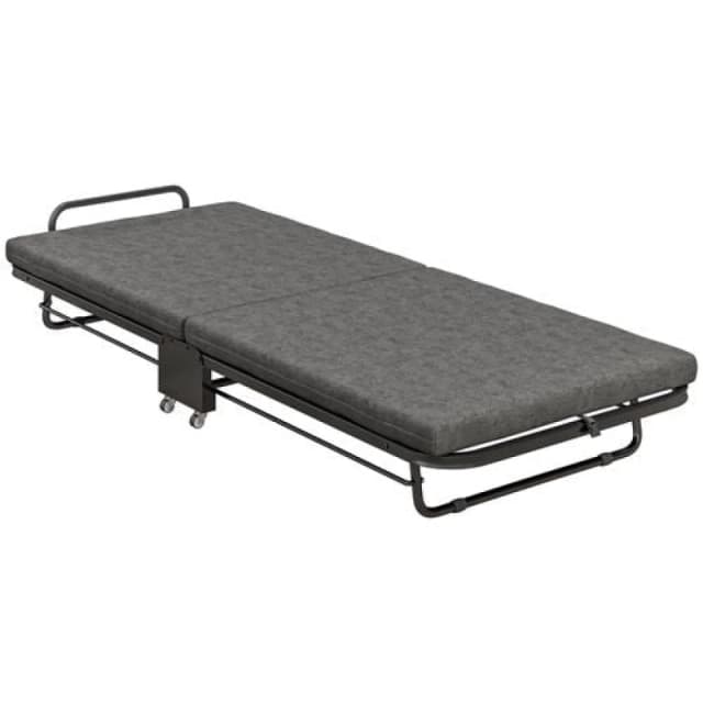 HOMCOM Single Folding Bed w/ Mattress Foldable Guest Bed on Wheels, Grey 831-877V70GY