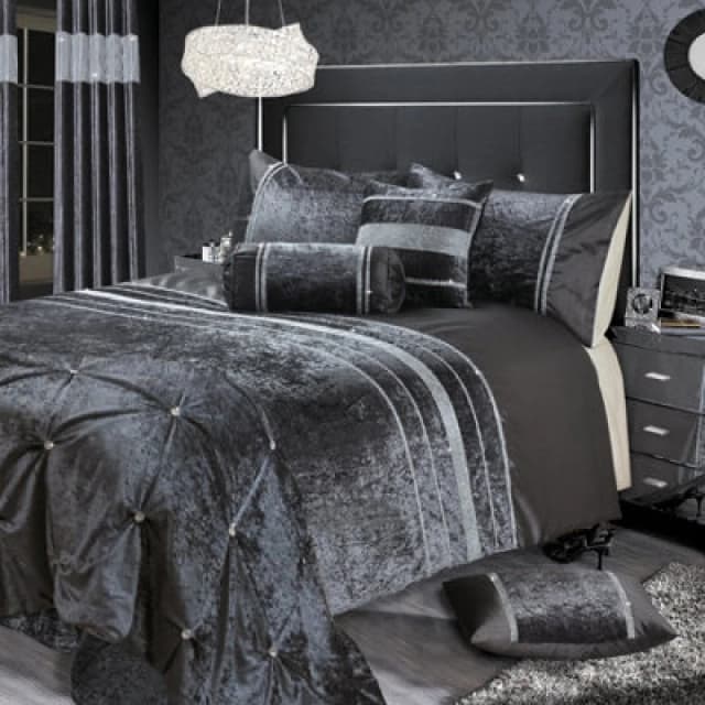 Intimates Elegant Crushed Velvet & Faux Silk Duvet Cover Set With Pillowcases, Chic & Sophisticated Bedroom Set, Machine Washable - Charcoal