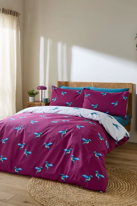 Their Nibs 'Hummingbird' Cotton Reversible Duvet Cover Set in Plum Size: King Plum Unisex King