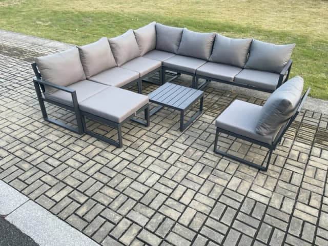 Fimous 9 Seater Patio Outdoor Garden Furniture Aluminium Lounge Corner Sofa Set with Square Coffee Table Big Footstool Dark Grey Dark Grey Unisex