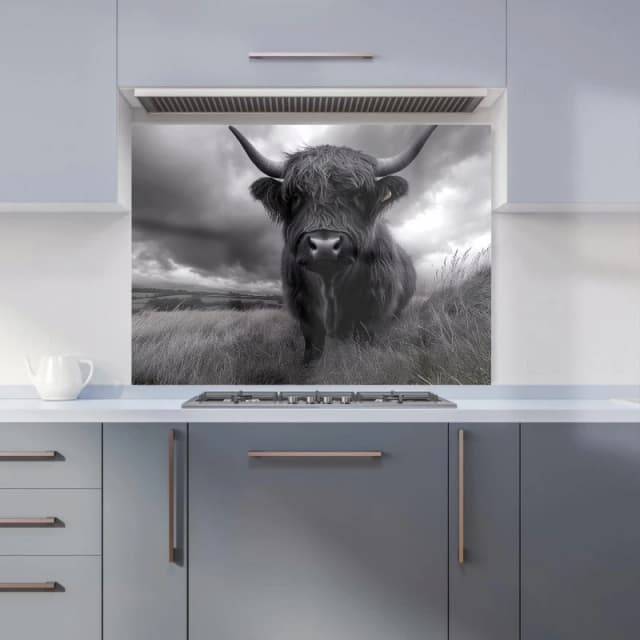 Warren Reed - Designer Black & White Highland Cow Kitchen Splashback in Grey Size: 900mm x 650mm Grey Unisex 900mm x 650mm