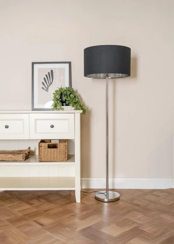 ValueLights ValueLights Charlie Chrome Stem Floor Lamp with Fabric Drum with Chrome Inner Shade & Bulb in Black One Size Unisex 5059406060526