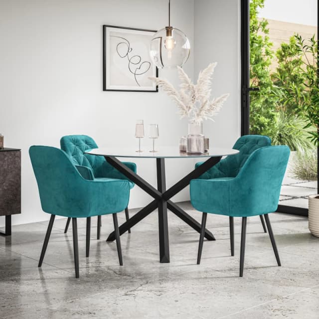 More4Homes Malvern Round Dining Table And Chairs - Clear Glass Table Top W Solid Black Oak Legs + Anika Velvet Dining Chair Set Of 4 (Blue)