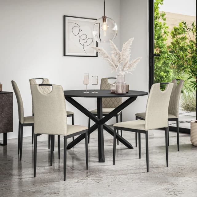 More4Homes Malvern Round Dining Table And Chairs - Black Table Top W Solid Oak Black Legs + Monza Fabric Dining Chair Set Of 6 (Beige)