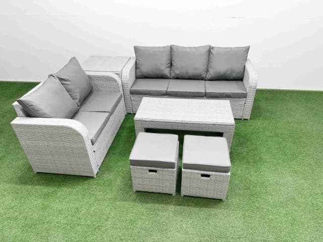 Fimous 7 Seater PE Rattan Wicker Garden Furniture Patio Conservatory Sofa Set with Oblong Coffee Table 3 Seater Sofa Love Sofa 2 Stools Side Table Lig