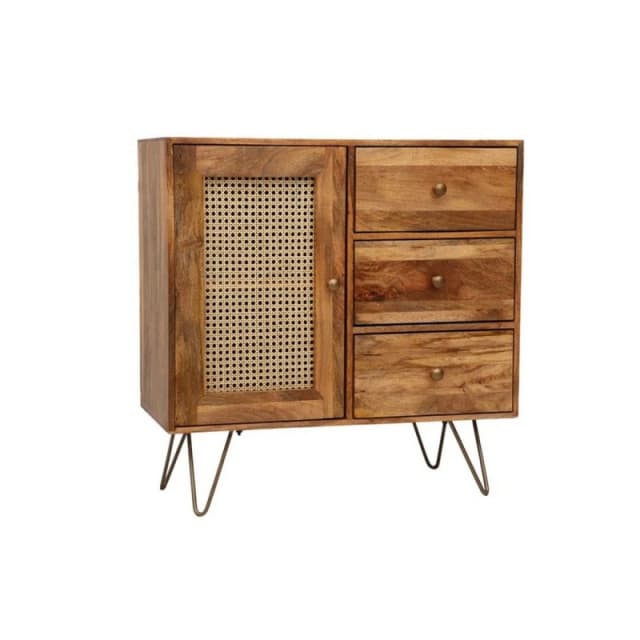 Jaipur Furniture Ltd Nyack Small 3 Drawer Sideboard - Mango Wood/Iron - L40 x W90 x H87cm - Light Brown with Natural Rattan - Assembly Required Brown