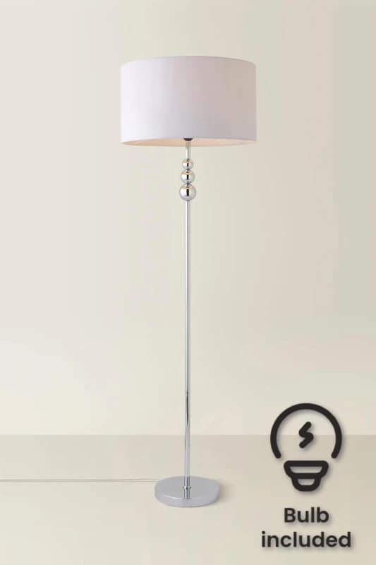 ValueLights Marissa Fabric Drum Shade with Chrome Stacked Ball Floor Lamp with LED Bulb Grey