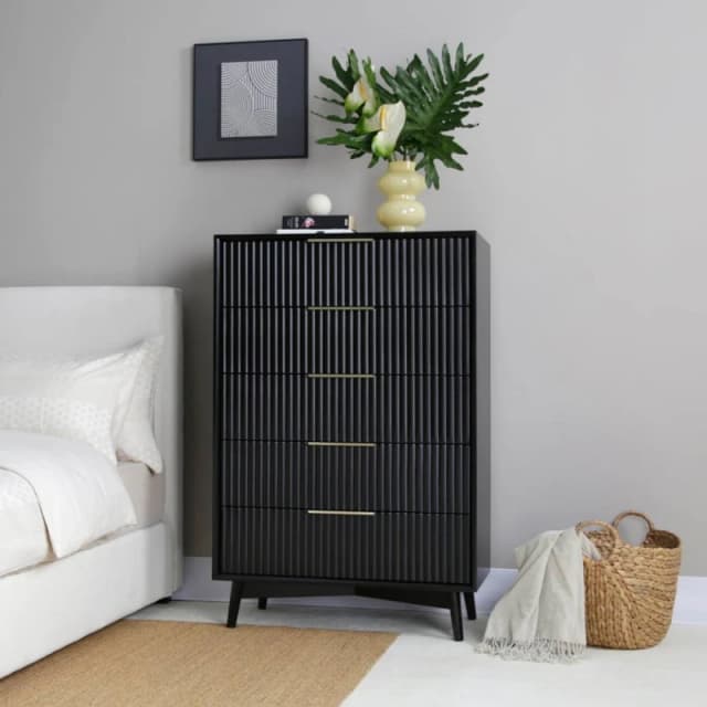 Home Garden Direct Monza Tall Chest of 5 Drawers with Fluted Detailing Black Unisex