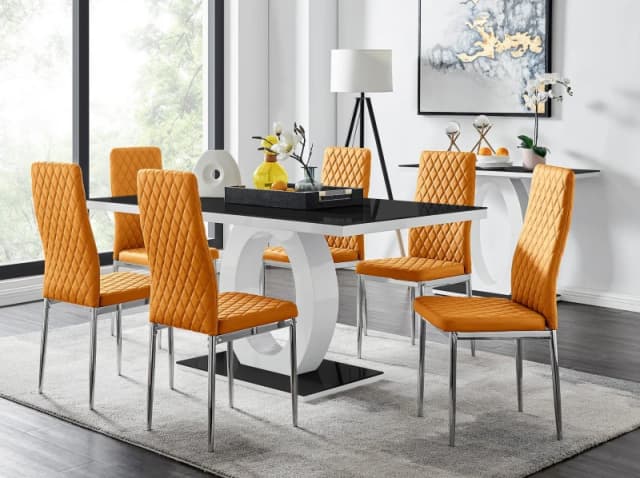 FurnitureboxUK Giovani Rectangular 6 Seat White High Gloss Unique Halo Dining Table Black Glass Top 6 Faux Leather Silver Leg Milan Chairs in Mustard
