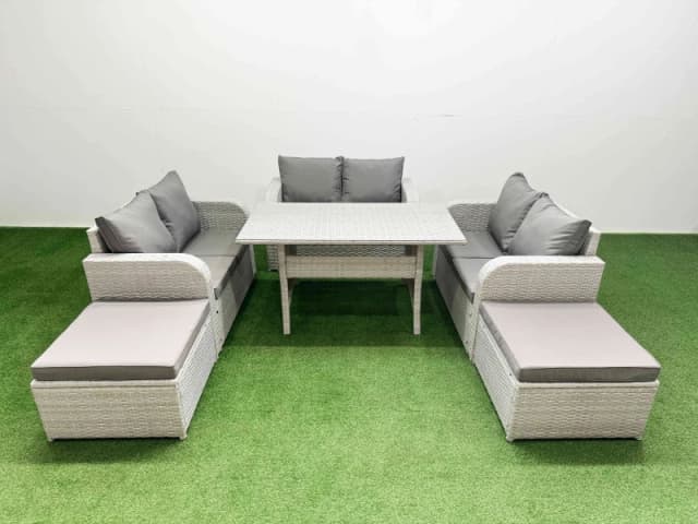 Fimous 8 Seater PE Wicker Rattan Furniture Sofa Sets with Rectangular Dining Table 2 Seater Love Sofa 2 Big Footstool Light Grey Light Grey